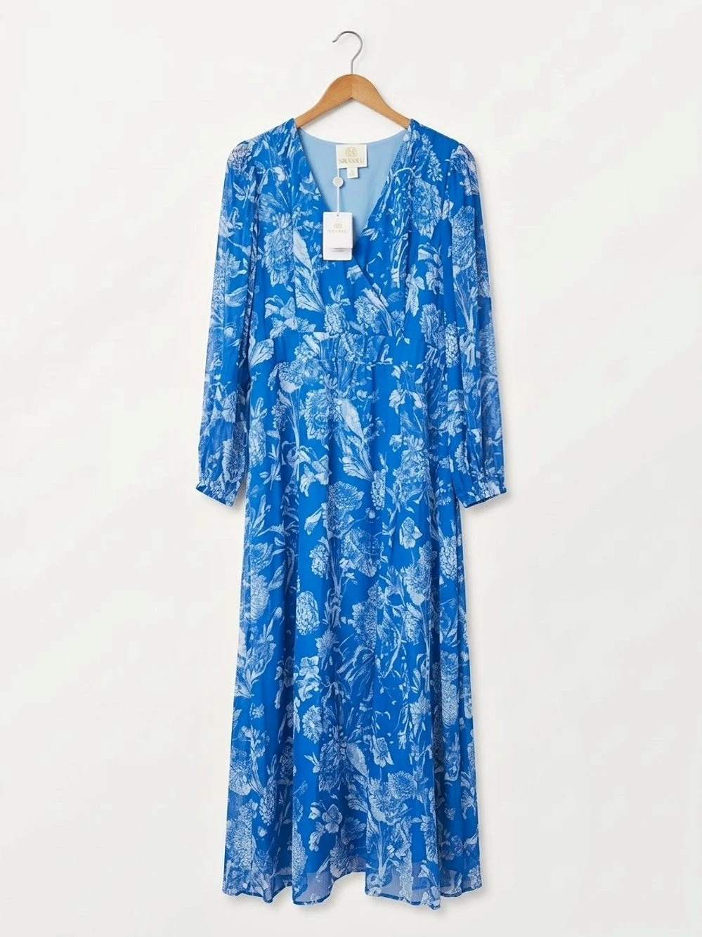 Nicoblu Angelina Maxi Crinkle Chiffon Dress in Blue and White Floral Toile